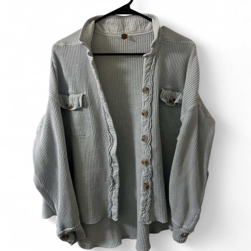 Free People FP One Scout Waffle Knit Jacket - Light Blue/Grey - Picture 2 of 7